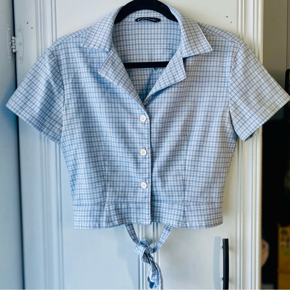 Brandy Melville Blue Plaid Cropped Button-Up Shirt w/ tie in the back.